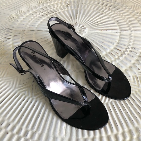 Etienne Aigner Chuncky Heel Open-toed Sandels Black Patent Leather 9 1/2 - Picture 1 of 9